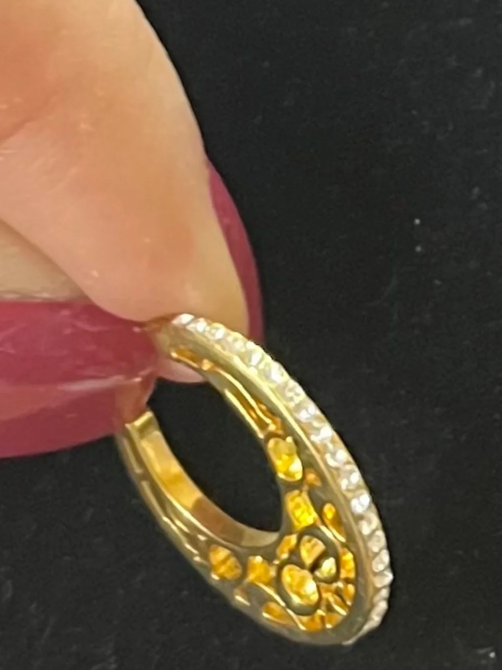 Vintage Coach Gold plate hoop earrings w/ logo cutout design, pave crystal edges - Picture 2 of 2